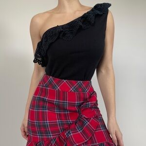 Express One Shoulder Boho Knit Dark Navy Blouse with Crochet Lace Details - Med